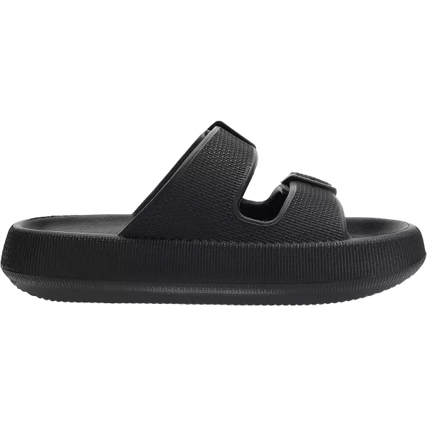 imageWHITIN Slides for Women Men Double Buckle Adjustable Thick Sole Pillow Slippers Bathroom SandalsBlack