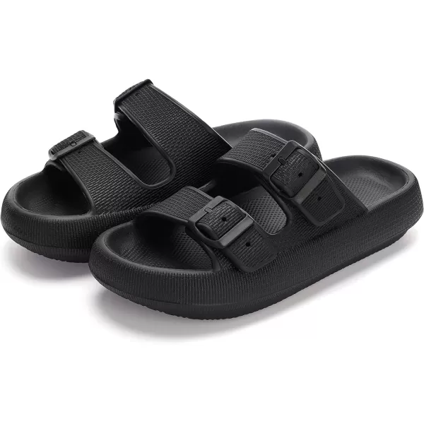 imageWHITIN Slides for Women Men Double Buckle Adjustable Thick Sole Pillow Slippers Bathroom SandalsBlack