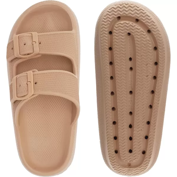 imageWHITIN Slides for Women Men Double Buckle Adjustable Thick Sole Pillow Slippers Bathroom SandalsBrown