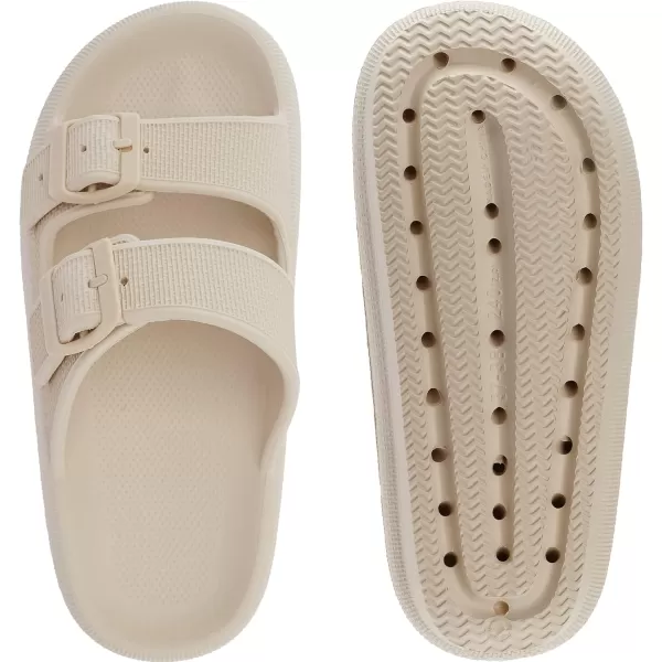 imageWHITIN Slides for Women Men Double Buckle Adjustable Thick Sole Pillow Slippers Bathroom SandalsKhaki