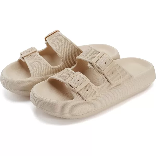 imageWHITIN Slides for Women Men Double Buckle Adjustable Thick Sole Pillow Slippers Bathroom SandalsKhaki