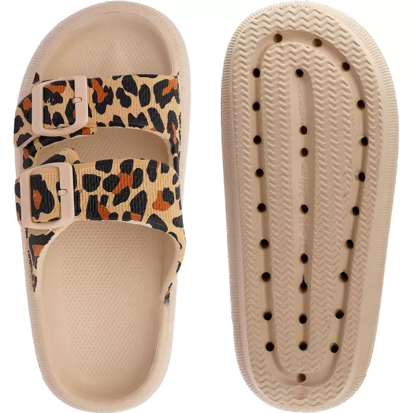 imageWHITIN Slides for Women Men Double Buckle Adjustable Thick Sole Pillow Slippers Bathroom SandalsLeopard