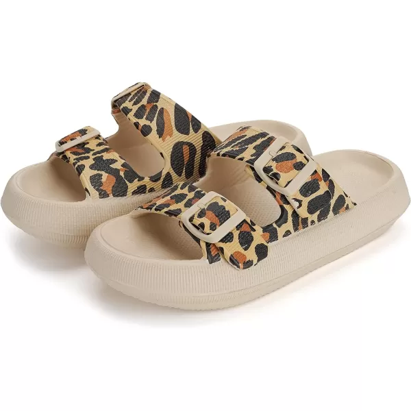 imageWHITIN Slides for Women Men Double Buckle Adjustable Thick Sole Pillow Slippers Bathroom SandalsLeopard