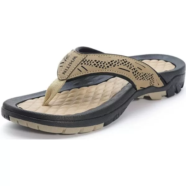 imageWHITIN Mens Flip Flops  Outdoor Thong Sandals  Arch Support  Slip ResistantKhaki