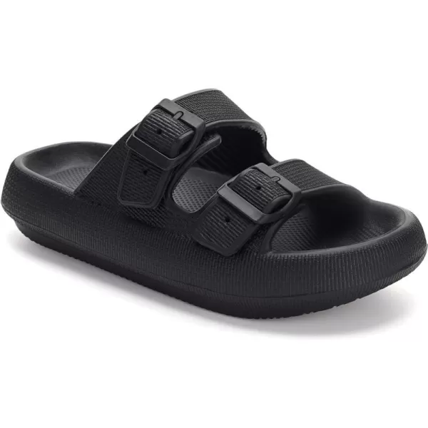 imageWHITIN Slides for Women Men Double Buckle Adjustable Thick Sole Pillow Slippers Bathroom SandalsBlack