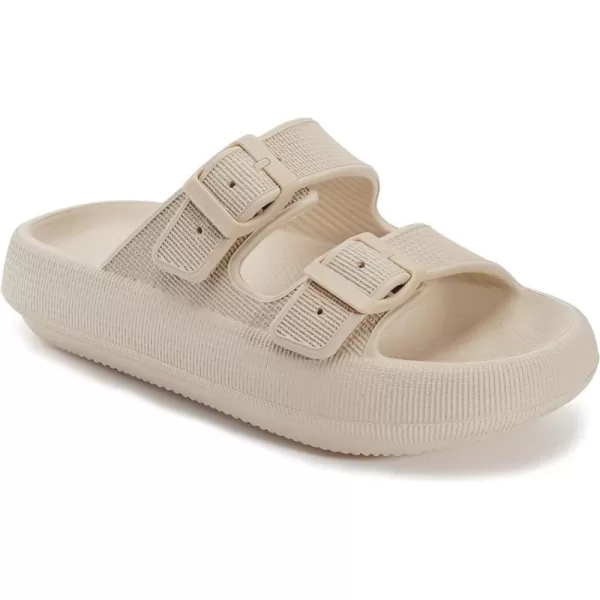imageWHITIN Slides for Women Men Double Buckle Adjustable Thick Sole Pillow Slippers Bathroom SandalsKhaki