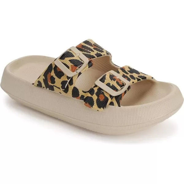 imageWHITIN Slides for Women Men Double Buckle Adjustable Thick Sole Pillow Slippers Bathroom SandalsLeopard