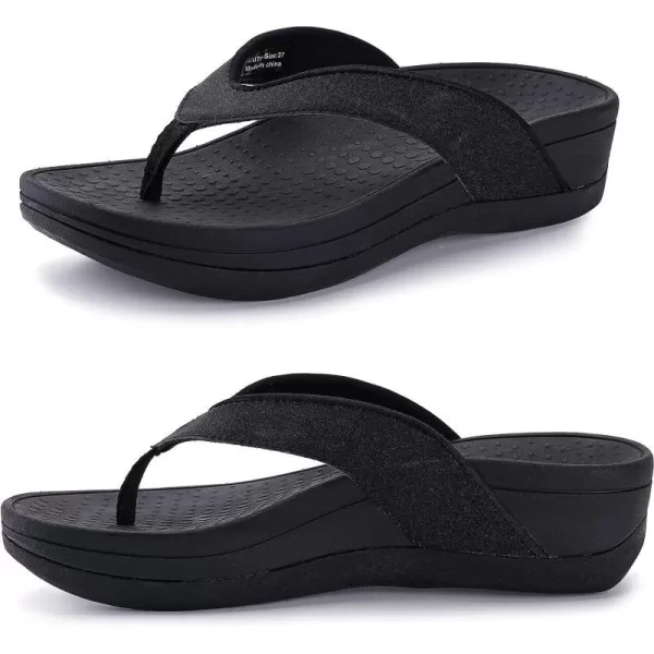 imageWHITIN Womens Platform Flip Flops with Arch Support  Deep Heel Cup  Soft Toe Post Wedge SandalsC30  Crystal Black