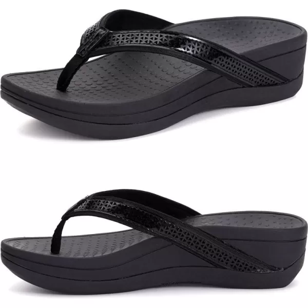 imageWHITIN Womens Platform Flip Flops with Arch Support  Deep Heel Cup  Soft Toe Post Wedge SandalsC32  Perforated Black