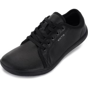 imageWHITIN Womens CanvasLeather Barefoot Shoes  Wide Width Minimalist Sneakers  Classic Fit Low TopW81v4 Microfiber Leather  All Black
