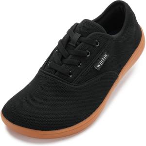 imageWHITIN Mens Wide Canvas Barefoot Sneakers  Zero Drop Sole  Minimalist FootwearW872  Black Gum Knit Upper