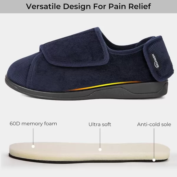 HomeTop Men's Adjustable Hook and Loop Memory Foam Diabetic Slippers, Comfy Indoor Outdoor Extra Wide House Shoes for Swollen Feet