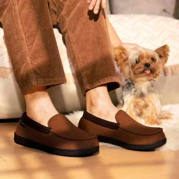 HomeTop Men's Comfort Memory Foam Moccasin Slippers, Breathable Cotton Knit Terry Cloth House Shoes for Indoor Outdoor