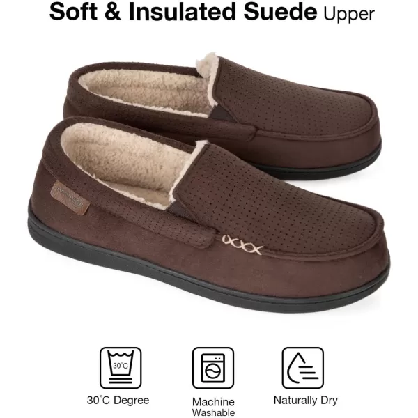 HomeTop Men's Memory Foam Moccasin Slippers, Comfy Indoor Outdoor House Shoes Suede Bedroom with Warm Sherpa Lining Durable Rubber Sole