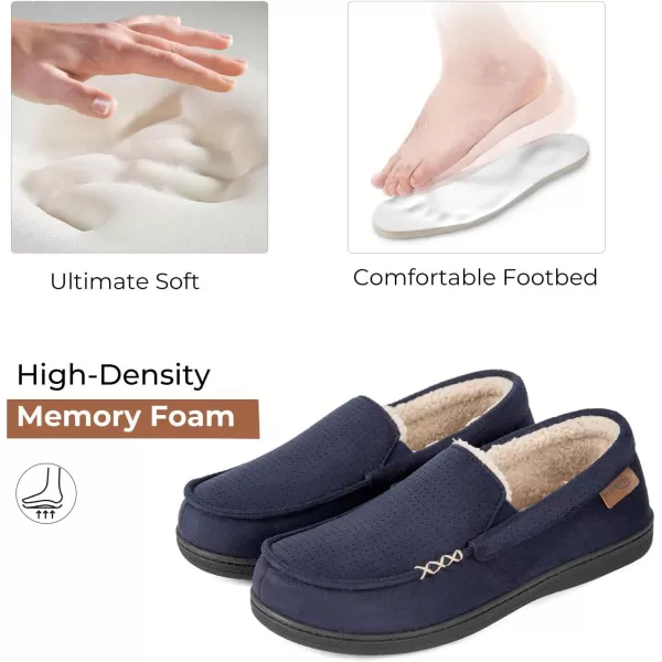 HomeTop Men's Memory Foam Moccasin Slippers, Comfy Indoor Outdoor House Shoes Suede Bedroom with Warm Sherpa Lining Durable Rubber Sole
