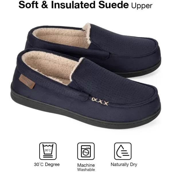 HomeTop Men's Memory Foam Moccasin Slippers, Comfy Indoor Outdoor House Shoes Suede Bedroom with Warm Sherpa Lining Durable Rubber Sole