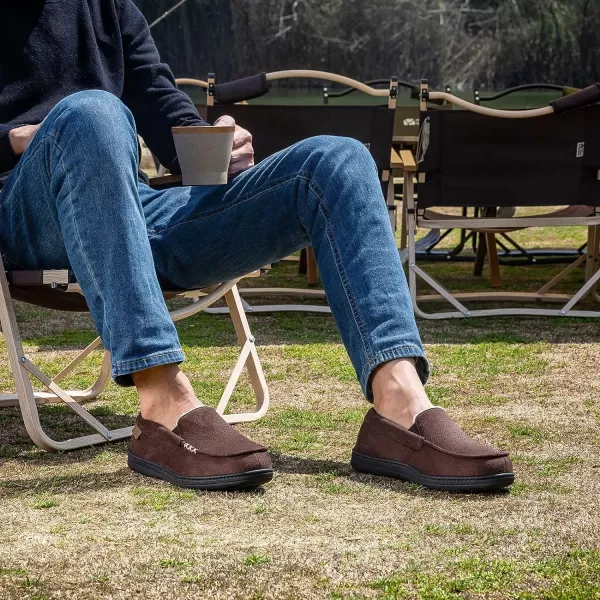 HomeTop Men's Memory Foam Moccasin Slippers, Comfy Indoor Outdoor House Shoes Suede Bedroom with Warm Sherpa Lining Durable Rubber Sole