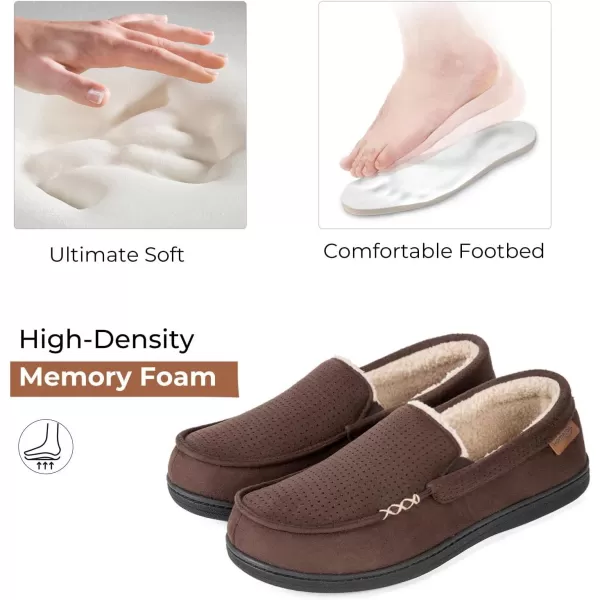 HomeTop Men's Memory Foam Moccasin Slippers, Comfy Indoor Outdoor House Shoes Suede Bedroom with Warm Sherpa Lining Durable Rubber Sole