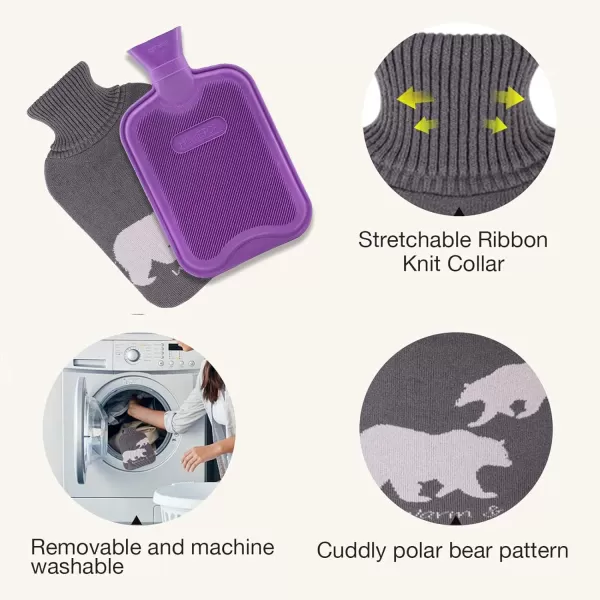 HomeTop Premium 2 Liter Classic Rubber Hot Water Bottle w/Elegant Polar Bear Knit Cover 