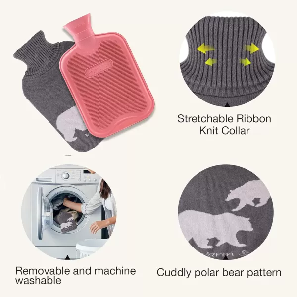 HomeTop Premium 2 Liter Classic Rubber Hot Water Bottle w/Elegant Polar Bear Knit Cover 