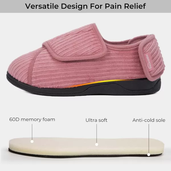 HomeTop Women's Comfy Corded Velveteen Adjustable Wide Fit Shoes Hook And Loop Memory Foam Closed-back Diabetic Swollen Feet Slippers