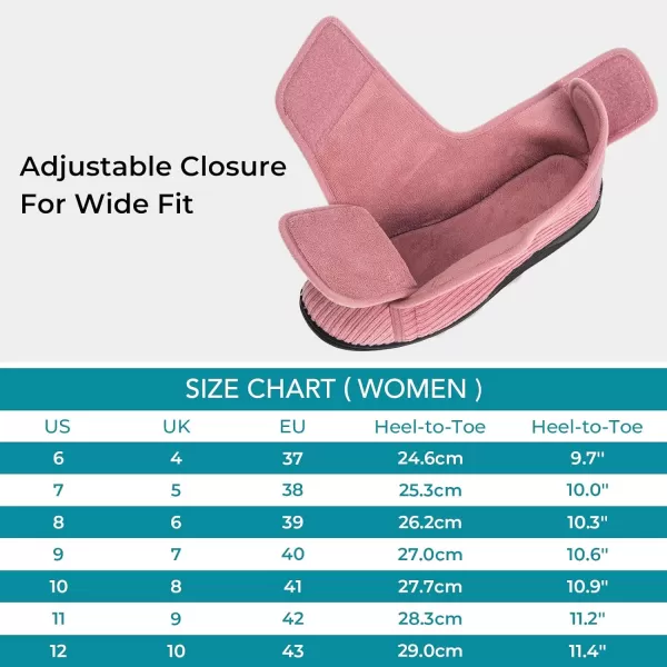 HomeTop Women's Comfy Corded Velveteen Adjustable Wide Fit Shoes Hook And Loop Memory Foam Closed-back Diabetic Swollen Feet Slippers