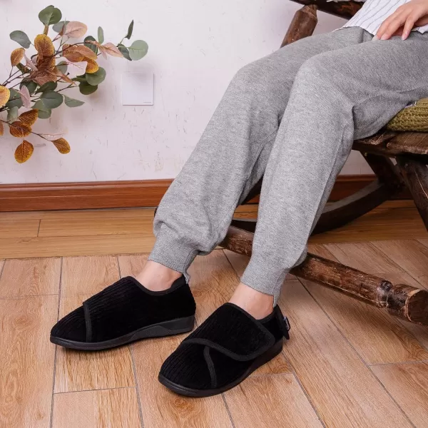 HomeTop Women's Comfy Corded Velveteen Adjustable Wide Fit Shoes Hook And Loop Memory Foam Closed-back Diabetic Swollen Feet Slippers