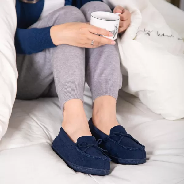 HomeTop Women's Moccasins House Slippers Indoor Outdoor Suede Faux Fur Rubber Sole Memory Foam House Shoes Sizes Breathable Microsuede Soft Home Slippers