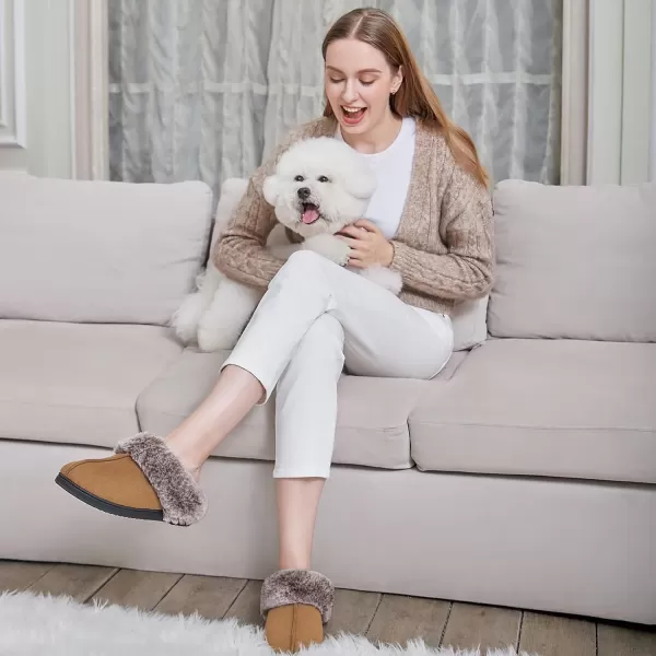 Women's Classic Microsuede Memory Foam Slippers Durable Rubber Sole with Warm Faux Fur Collar