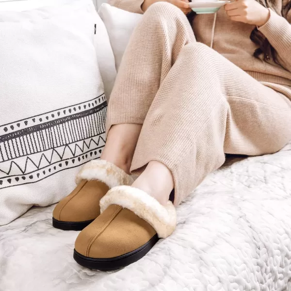 Women's Classic Microsuede Memory Foam Slippers Durable Rubber Sole with Warm Faux Fur Collar