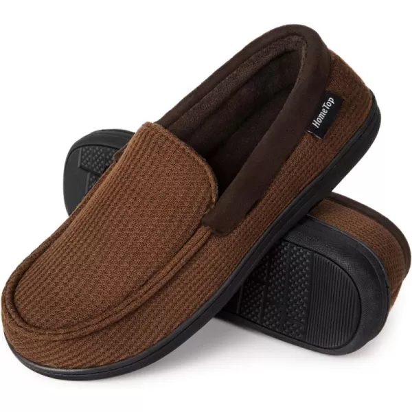 HomeTop Men's Comfort Memory Foam Moccasin Slippers, Breathable Cotton Knit Terry Cloth House Shoes for Indoor Outdoor