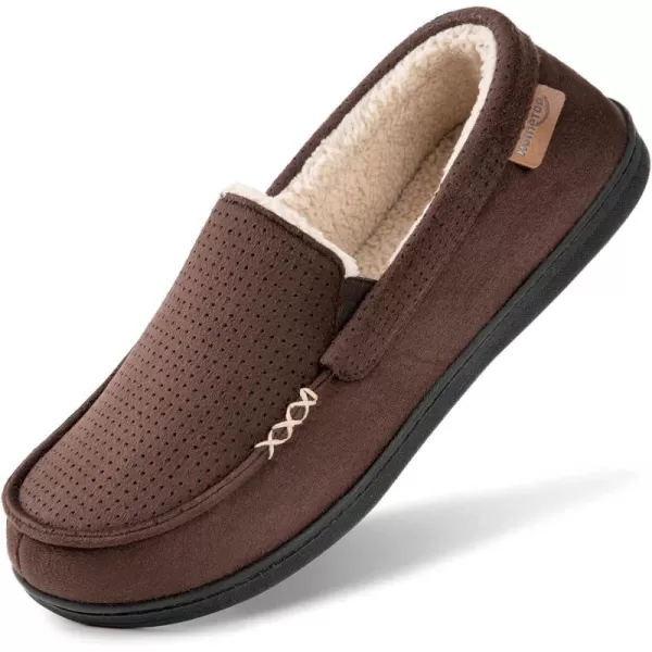 HomeTop Men's Memory Foam Moccasin Slippers, Comfy Indoor Outdoor House Shoes Suede Bedroom with Warm Sherpa Lining Durable Rubber Sole