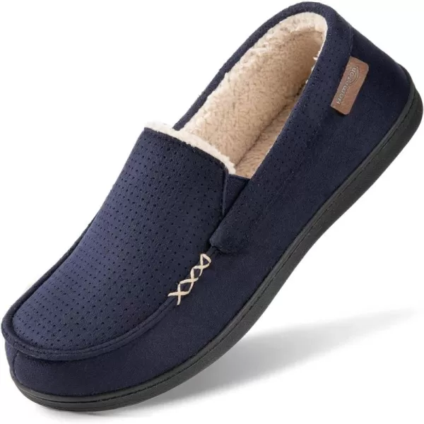 HomeTop Men's Memory Foam Moccasin Slippers, Comfy Indoor Outdoor House Shoes Suede Bedroom with Warm Sherpa Lining Durable Rubber Sole
