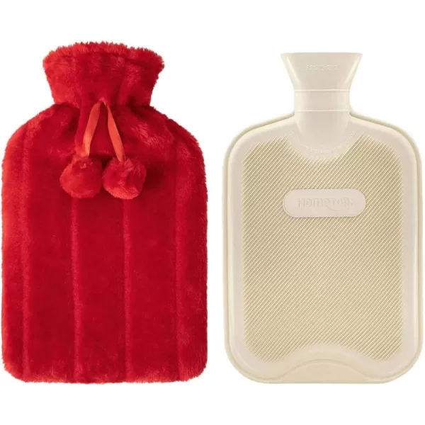 HomeTop Premium Classic Rubber Hot Water Bottle and Luxurious Faux Fur Plush Fleece Cover w/Pom Pom Decor 