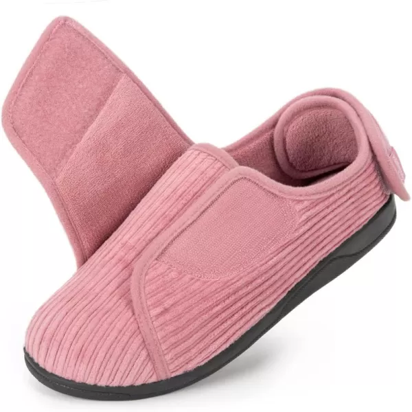 HomeTop Women's Comfy Corded Velveteen Adjustable Wide Fit Shoes Hook And Loop Memory Foam Closed-back Diabetic Swollen Feet Slippers