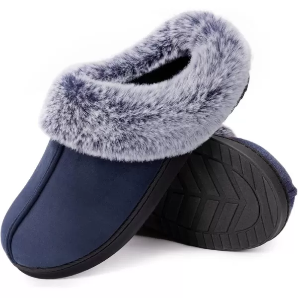 Women's Classic Microsuede Memory Foam Slippers Durable Rubber Sole with Warm Faux Fur Collar