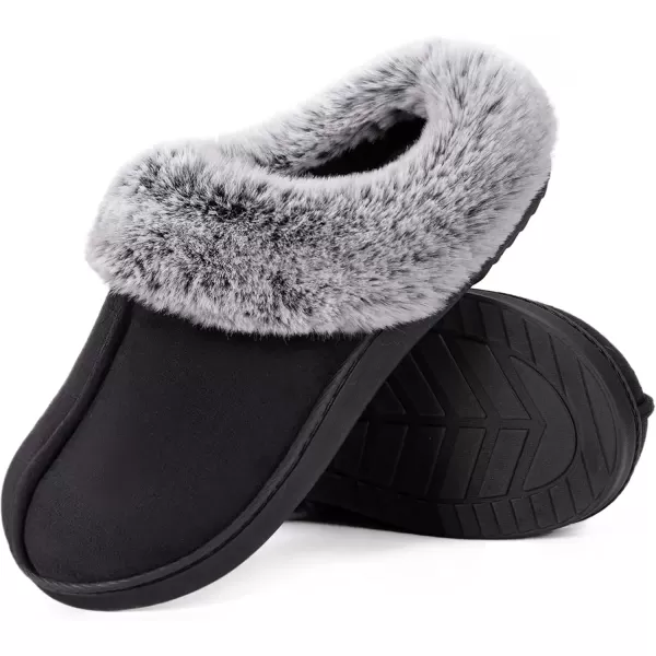 imageHomeTop Womens Classic Microsuede Memory Foam Slippers Durable Rubber Sole with Warm Faux Fur CollarBlack