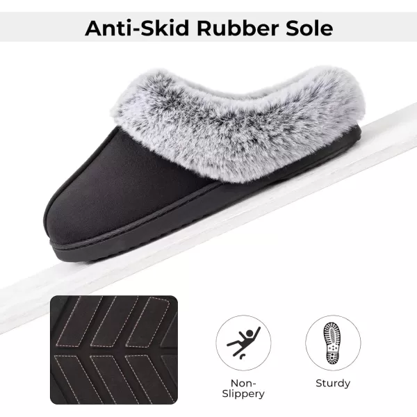 imageHomeTop Womens Classic Microsuede Memory Foam Slippers Durable Rubber Sole with Warm Faux Fur CollarBlack