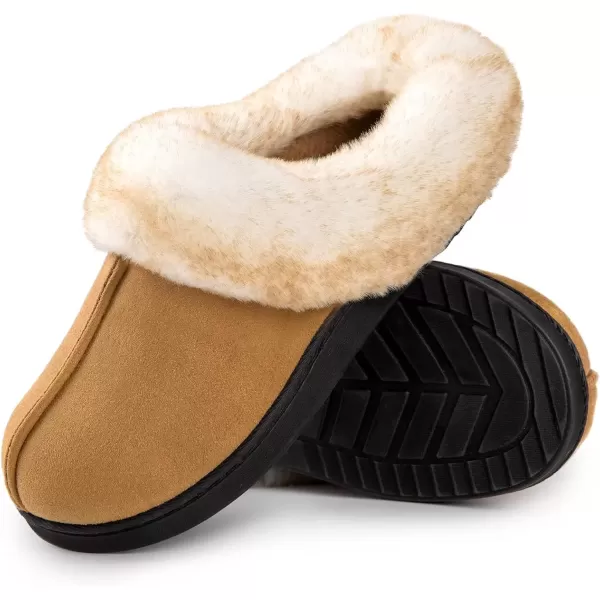 imageHomeTop Womens Classic Microsuede Memory Foam Slippers Durable Rubber Sole with Warm Faux Fur CollarBrown
