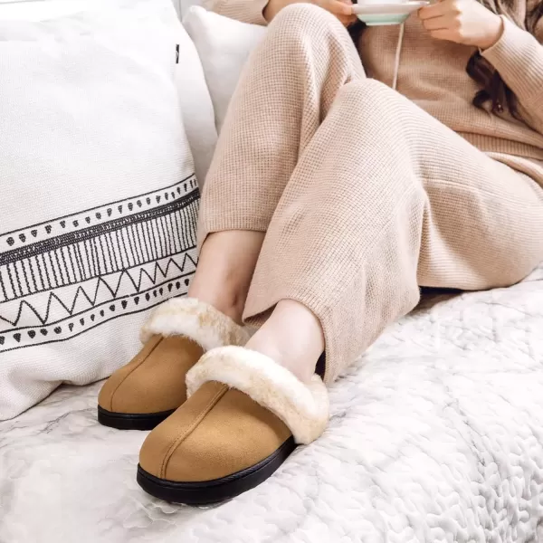 imageHomeTop Womens Classic Microsuede Memory Foam Slippers Durable Rubber Sole with Warm Faux Fur CollarBrown