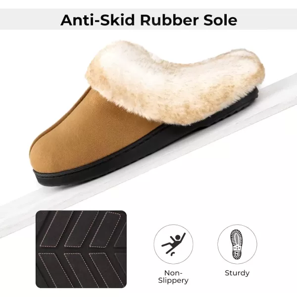 imageHomeTop Womens Classic Microsuede Memory Foam Slippers Durable Rubber Sole with Warm Faux Fur CollarBrown