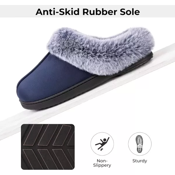 imageHomeTop Womens Classic Microsuede Memory Foam Slippers Durable Rubber Sole with Warm Faux Fur CollarNavy Blue