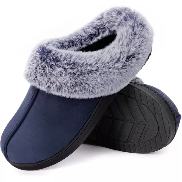 imageHomeTop Womens Classic Microsuede Memory Foam Slippers Durable Rubber Sole with Warm Faux Fur CollarNavy Blue