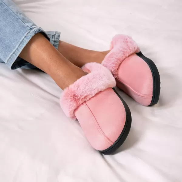 imageHomeTop Womens Classic Microsuede Memory Foam Slippers Durable Rubber Sole with Warm Faux Fur CollarPink