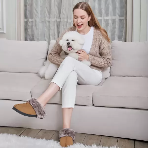 imageHomeTop Womens Classic Microsuede Memory Foam Slippers Durable Rubber Sole with Warm Faux Fur CollarTan