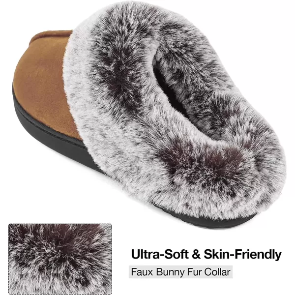 imageHomeTop Womens Classic Microsuede Memory Foam Slippers Durable Rubber Sole with Warm Faux Fur CollarTan