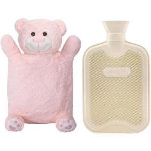imageHomeTop Premium Classic Rubber Hot or Cold Water Bottle with Cute Stuffed Animal Cover 2 Liter GrayPastel Pink