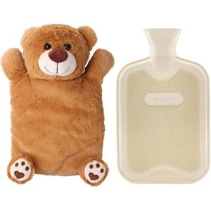 imageHomeTop Premium Classic Rubber Hot or Cold Water Bottle with Cute Stuffed Animal Cover 2 Liter GrayWhite