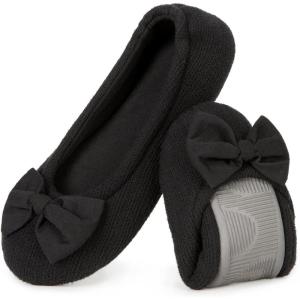 imageHomeTop Womens Comfy Cotton Knit Ballerina Slippers Lightweight Terry Cloth Memory Foam House Shoes with Stretchable Heel DesignBlack