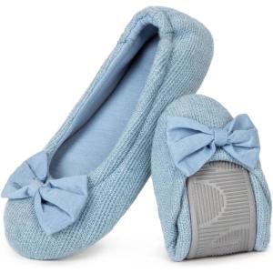 imageHomeTop Womens Comfy Cotton Knit Ballerina Slippers Lightweight Terry Cloth Memory Foam House Shoes with Stretchable Heel DesignBlue
